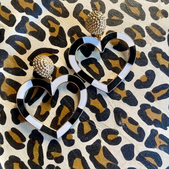 BAUBLEBAR • Target Gold Beaded Black White Stripe Heart Shape Statement Earrings - Picture 1 of 2